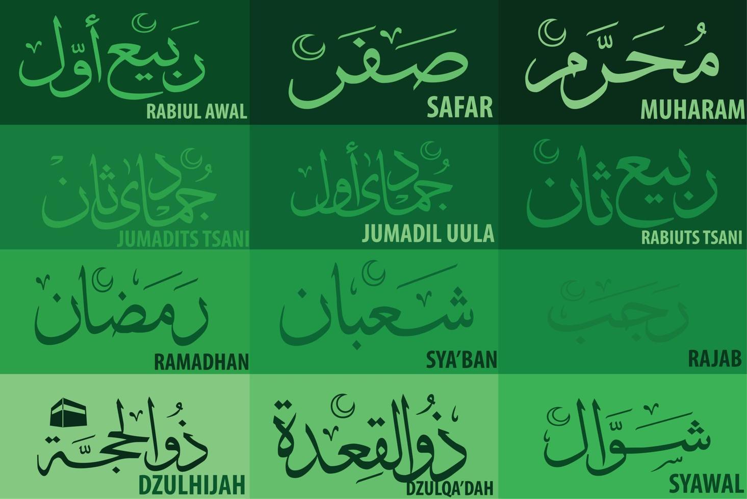 nombres de meses en el islam para aprender. es muharram, safar, rabiul awal, rabiuts tsani, jumadil ula, jumadits tsani, rajab, sha'ban, ramadan, shawwal y dzulqo'dah, dzulhijah. vector