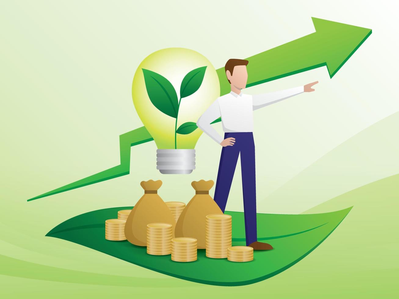 Green business trend illustration vector. The businessman is standing on a green leaf and point forward. vector