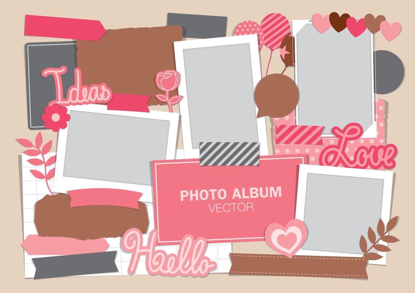 Picture frame with paper elements vector set for scrapbook or photo album.