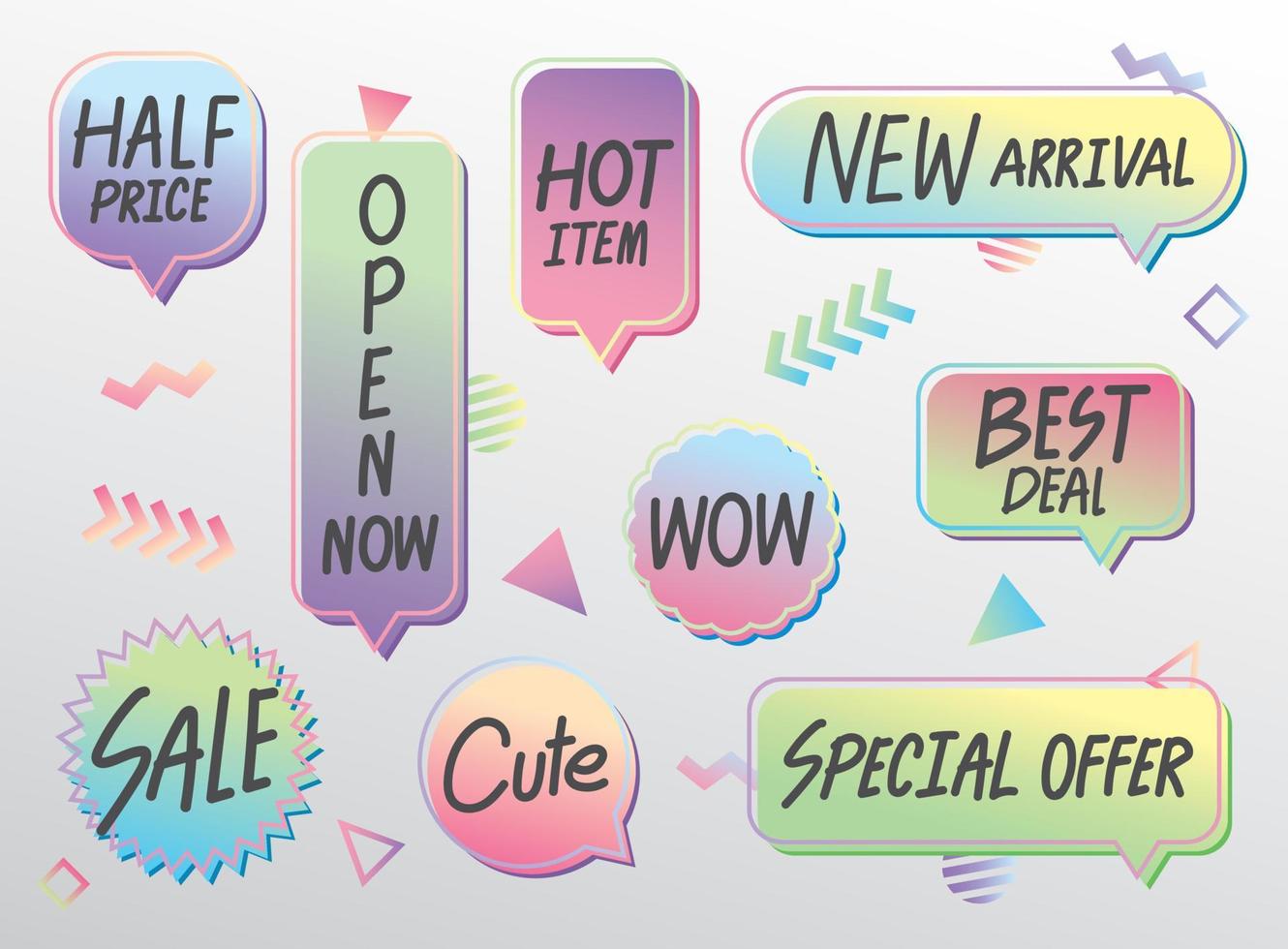 Cute gradient color speech bubble vector and fun elements with promotion word in handwriting style.