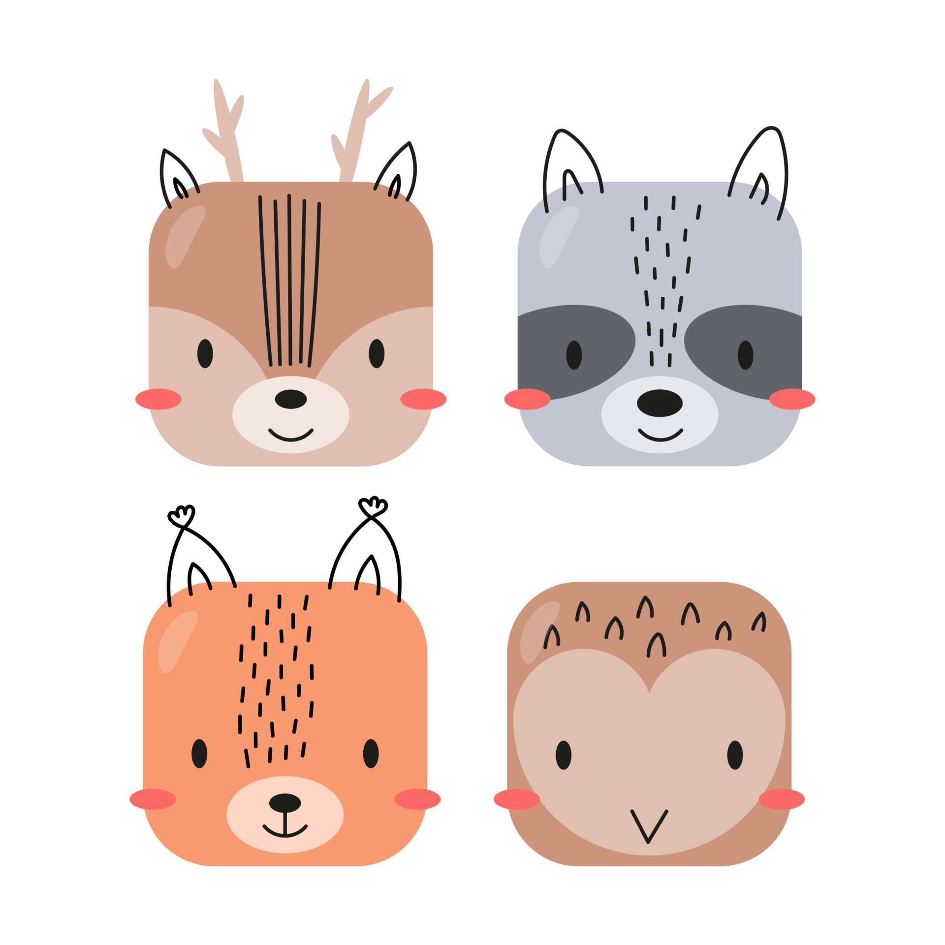 Square forest animal cartoon face. Set cute icons. Deer, raccoon, squirrel, owl. Vector illustration. 7793804 Vector Art at Vecteezy Square forest animal cartoon face. Set cute icons. Deer, raccoon, squirrel, owl. Vector illustration. 7793804 Vector Art at Vecteezy