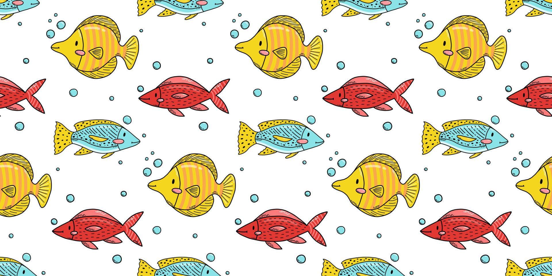 Seamless pattern with cute doodle cartoon sea animals. Vector illustration.