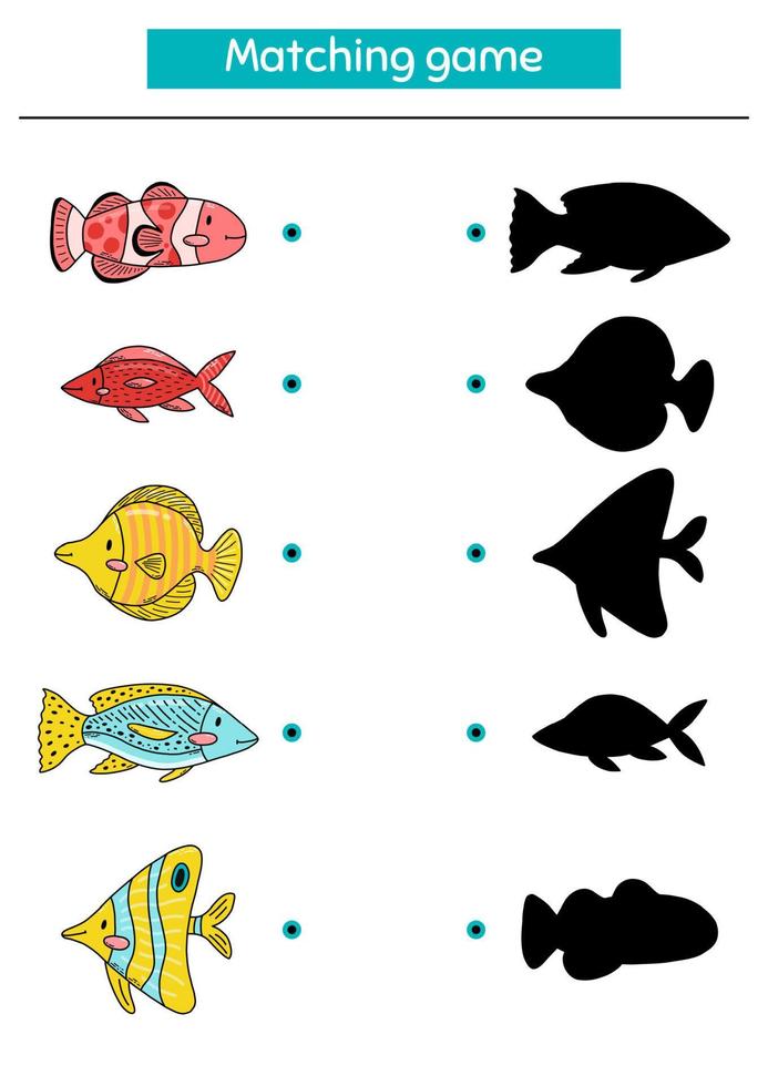 Matching game for kids preschool and kindergarten age. Find the correct shadow. Doodle cute fish. Vector illustration.