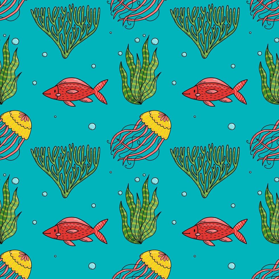 Seamless pattern with cute doodle cartoon sea animals. Vector illustration.