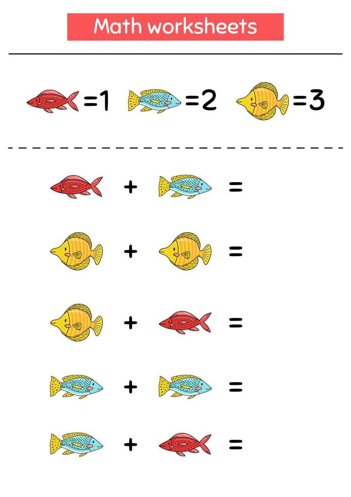 Math game for preschool and school age children. Count and insert the correct numbers. Addition. Doodle fish. Vector illustration.