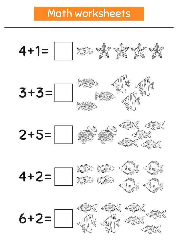 Math game for preschool and school age children. Count and insert the correct numbers. Addition. Doodle fish. Coloring page. vector