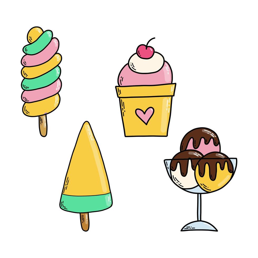 Vector illustration. Set doodle ice creams isolated on white background.