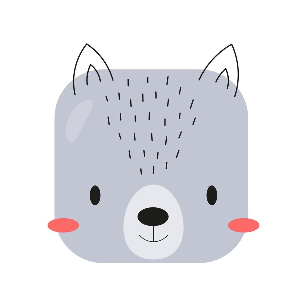 cara de dibujos animados de animales de bosque cuadrado. lobo icono lindo. ilustración vectorial vector