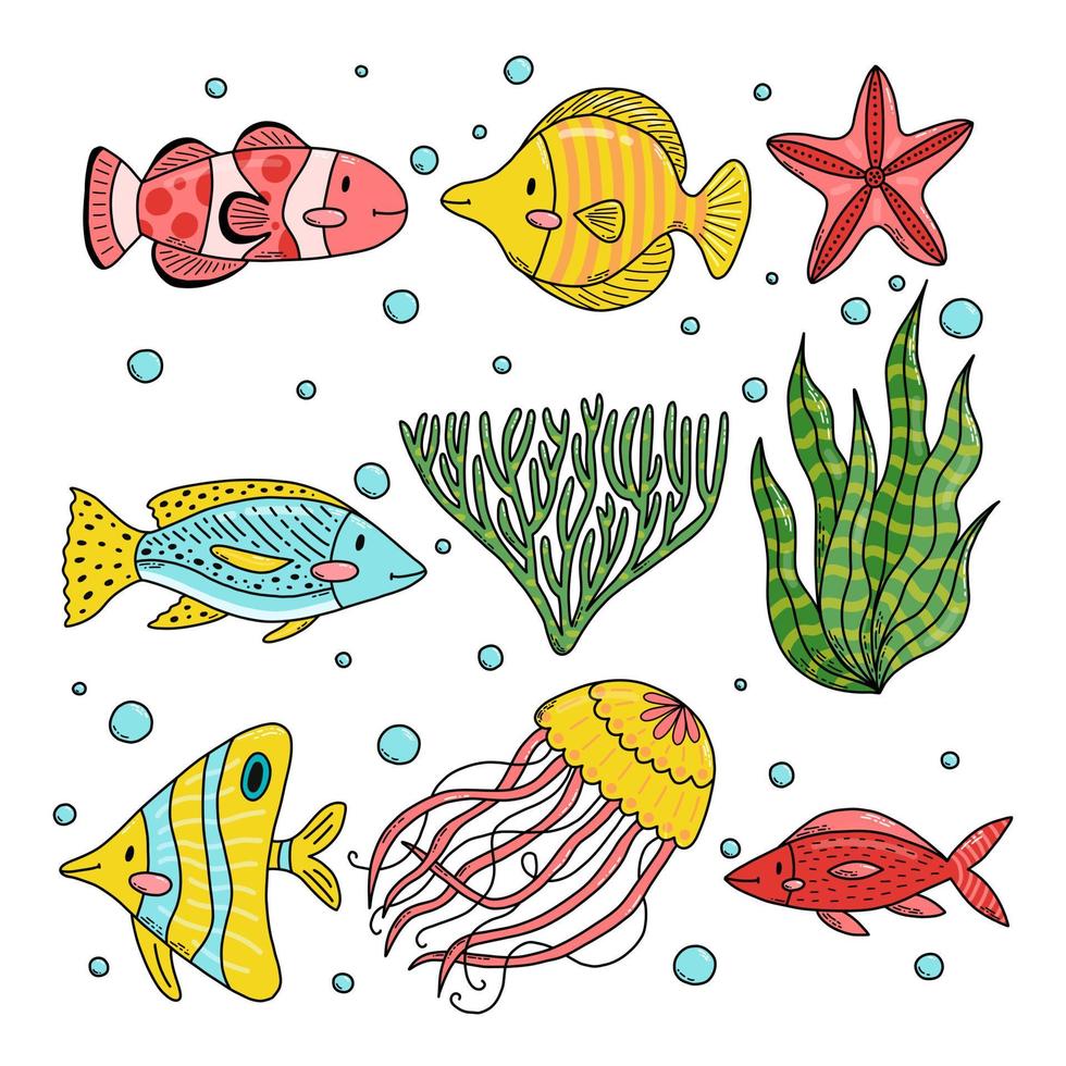 Set cute doodle cartoon sea fish, jellyfish, starfish, algae. Vector illustration.