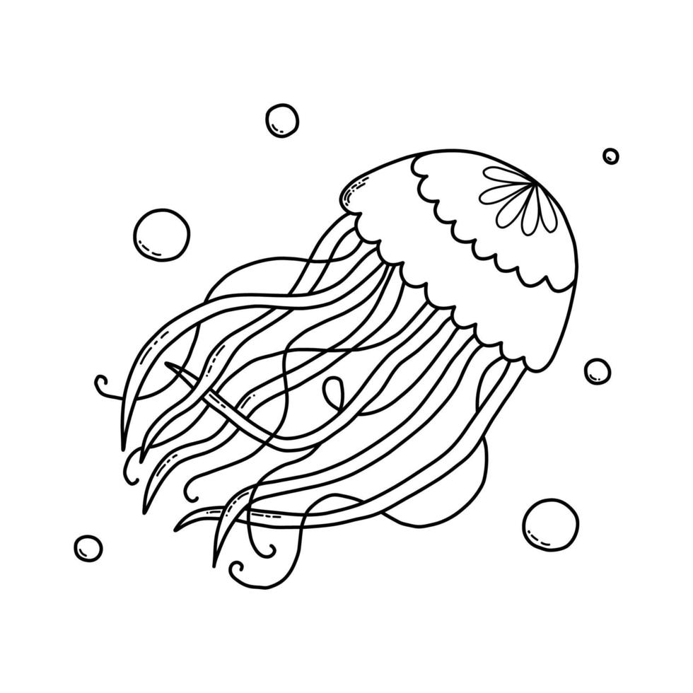 Cute doodle sea jellyfish. Coloring page for kids. Vector illustration.