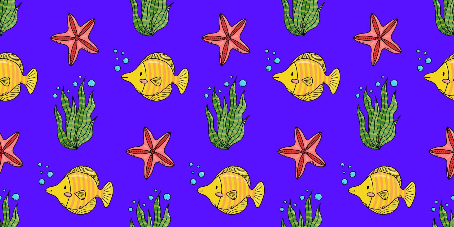 Seamless pattern with cute doodle cartoon sea animals. Vector illustration.