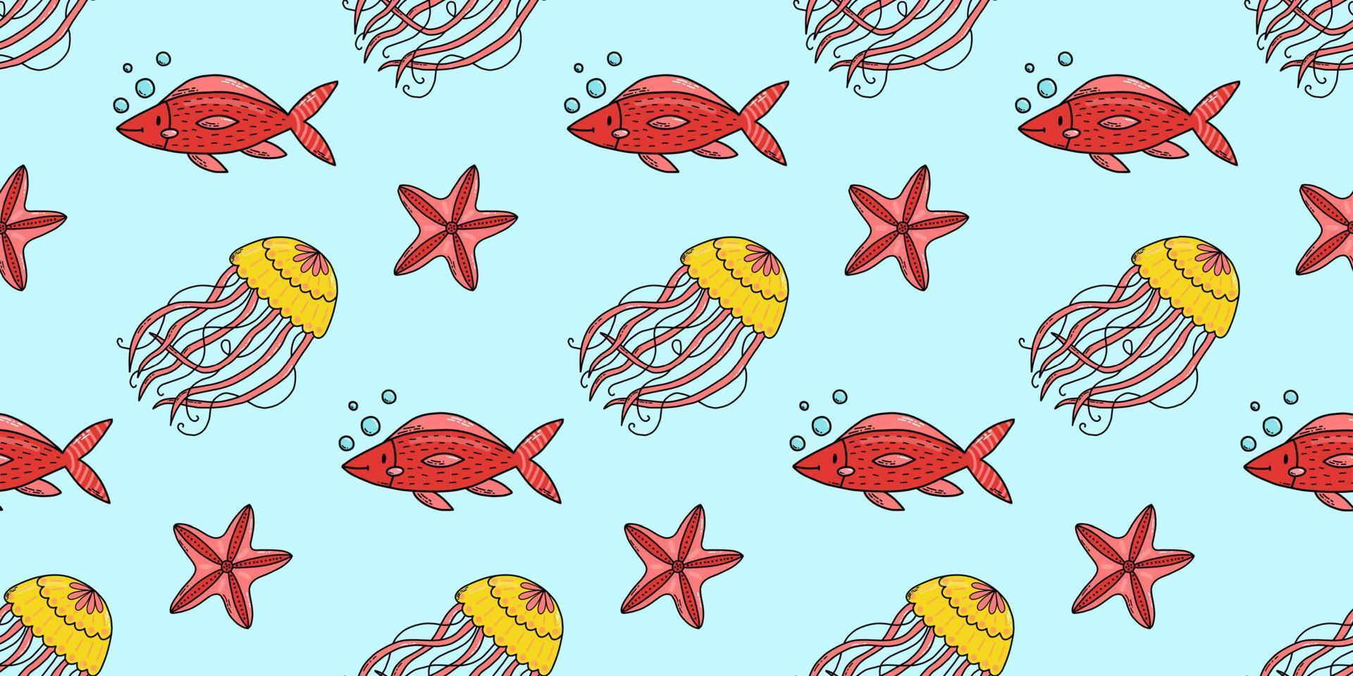 Seamless pattern with cute doodle cartoon sea animals. Vector illustration.