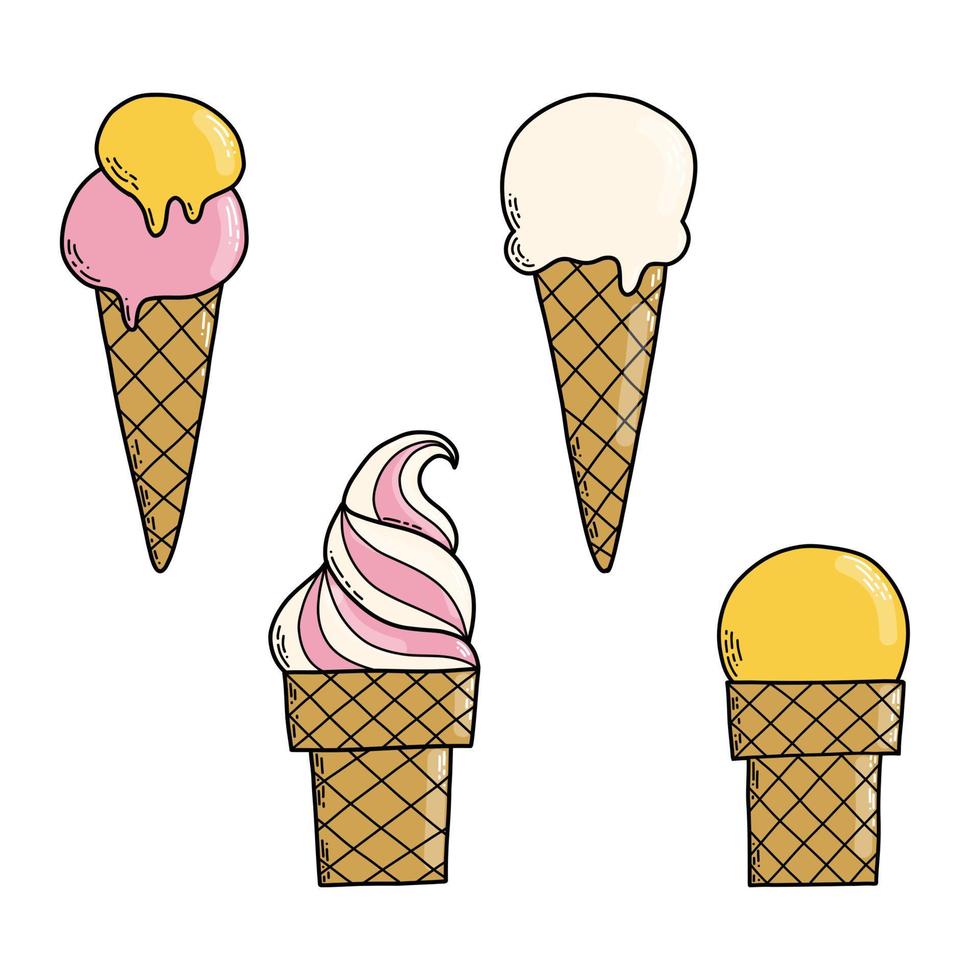 Vector illustration. Set doodle ice creams isolated on white background.