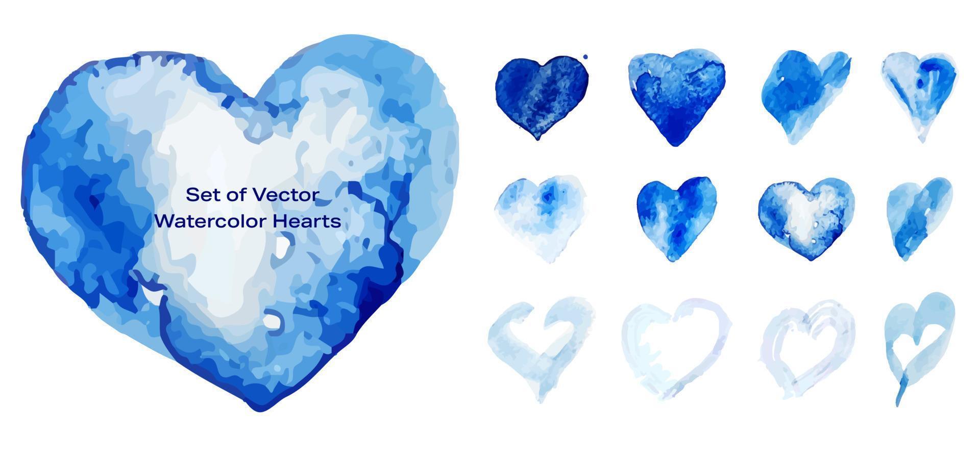 Set of Decorative Vector Watercolor Hearts in Blue Colors