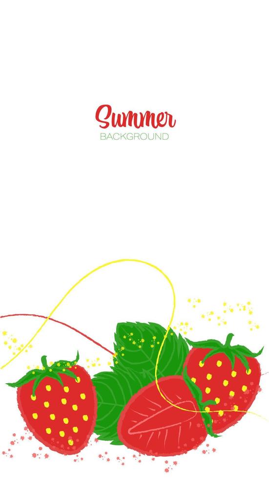 Vertical Vector Summer Banner With Bright Juicy Strawberries, Leaves, Abstract Brush Strokes and Paint Splashes