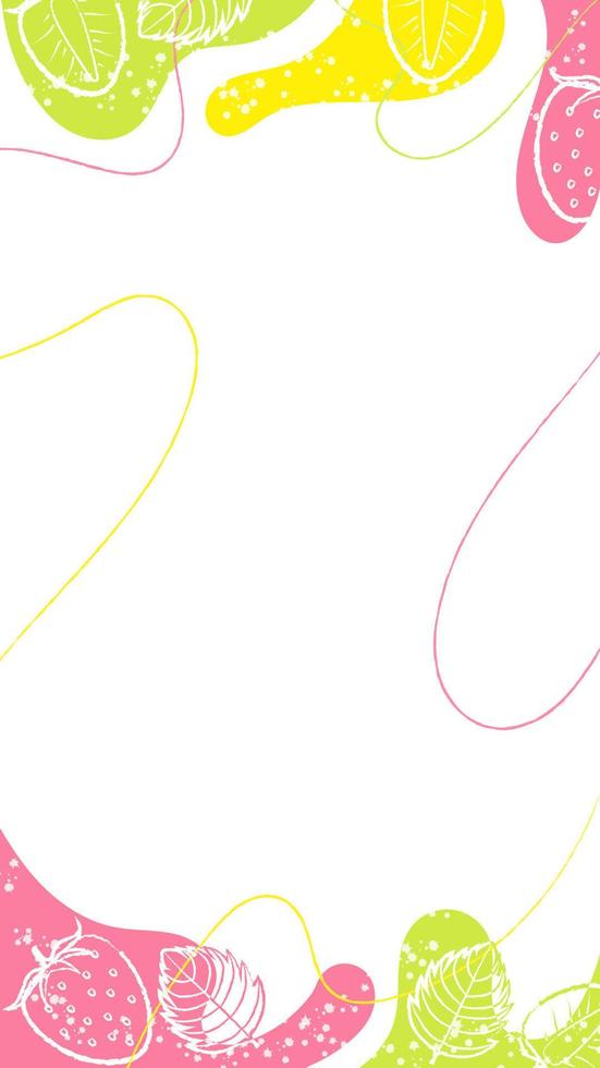 Vertical Summer Banner With Graphic Strawberries, Leaves, Colorful Abstract Waves, Splashes and Brush Strokes. Perfect for Social Media Content and Printed Materials vector