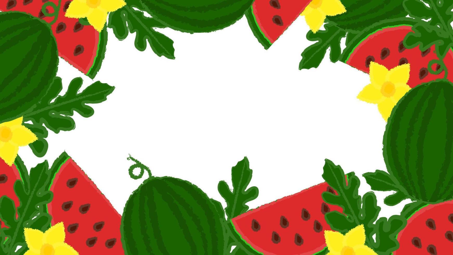 Bright Juicy Summer Frame of Watermelons, Leaves and Watermelon Blossom vector