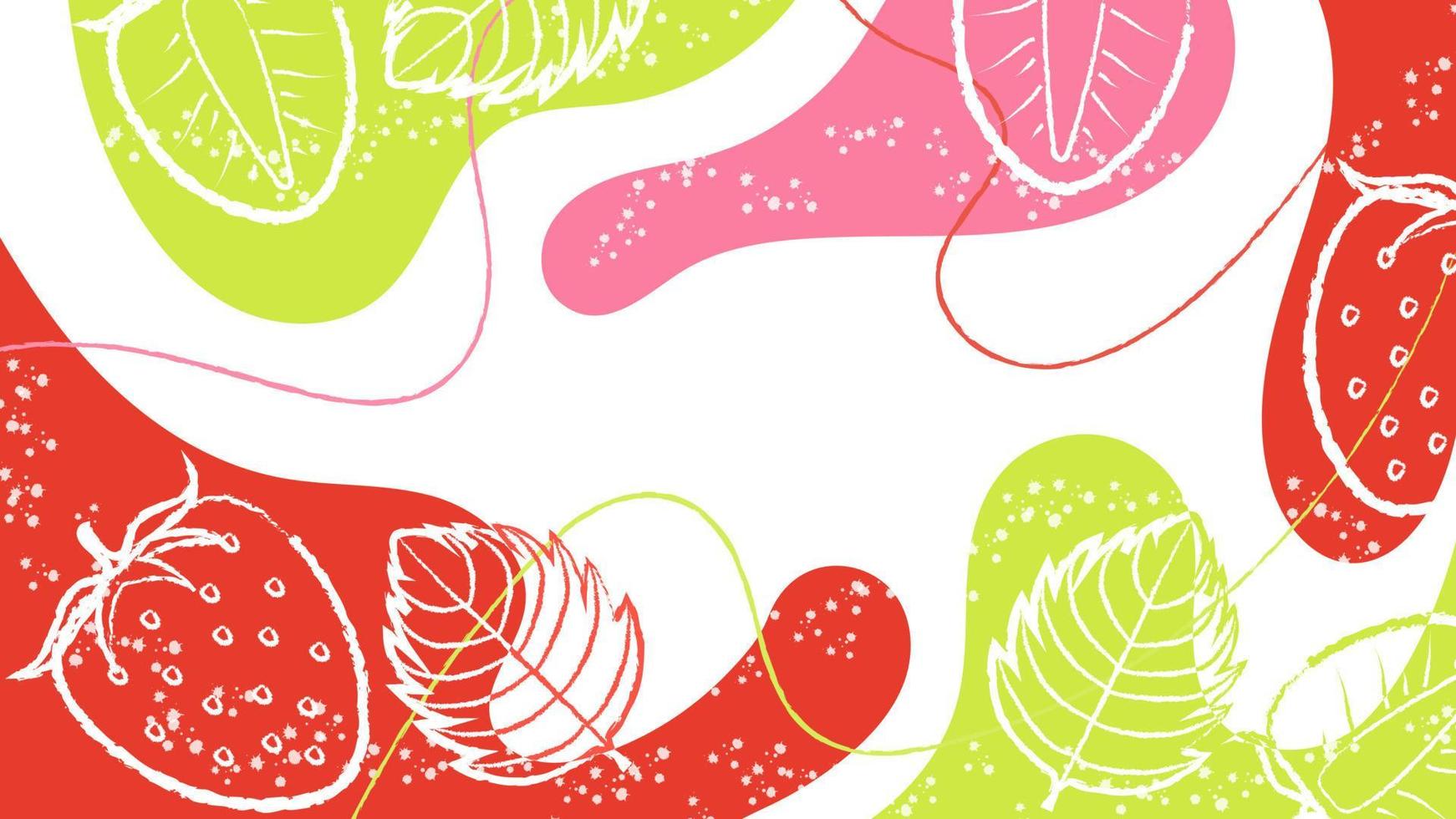 Bright Colorful Background With Abstract Spots, Splashes, Brush Strokes and Graphic Strawberries and Leaves. Perfect for Banners, Social Media Content and Printed Materials vector