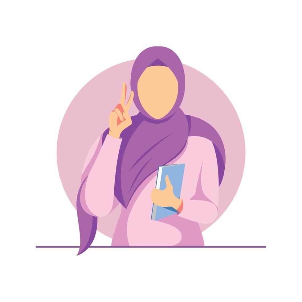 niña musulmana sosteniendo un libro. ilustración de dibujos animados plana de personaje vector