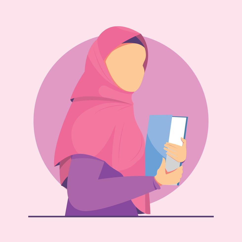 Muslim girl holding book for Study. Character Flat Cartoon Illustration vector