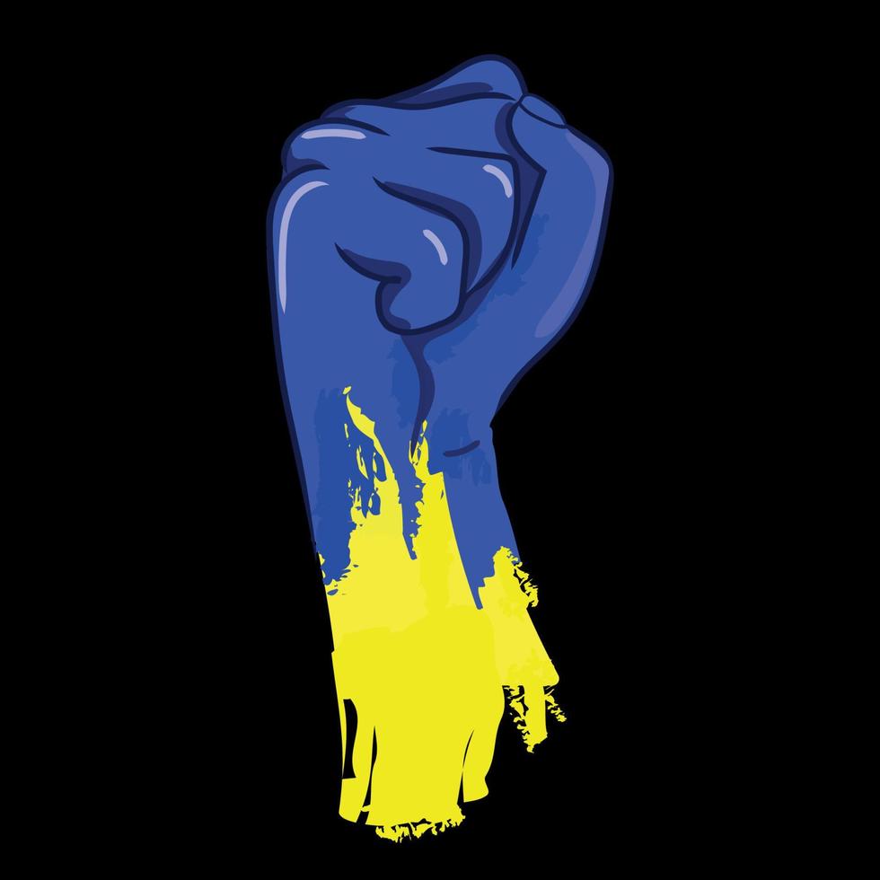 Fist up power.Ukraine fight against Russia. Fist up sign of Ukrainian resistance to Russian Aggression.Blue yellow flag colors. Concept of protest, cooperation, support. Vector graphics