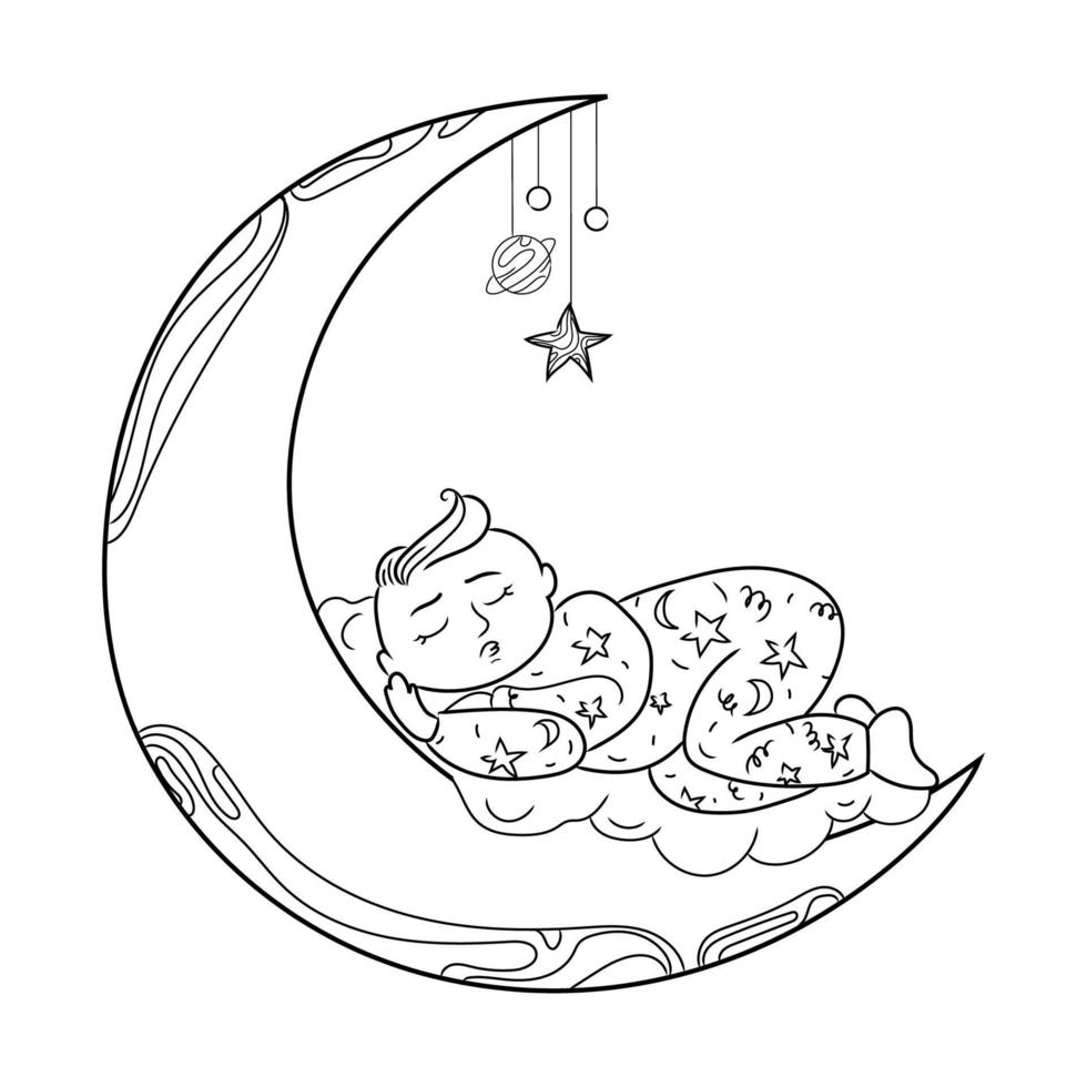 Sleeping baby in pajamas on a month line art vector illustration.Newborn baby care concept.Black and white sketch.Bedtime concept.