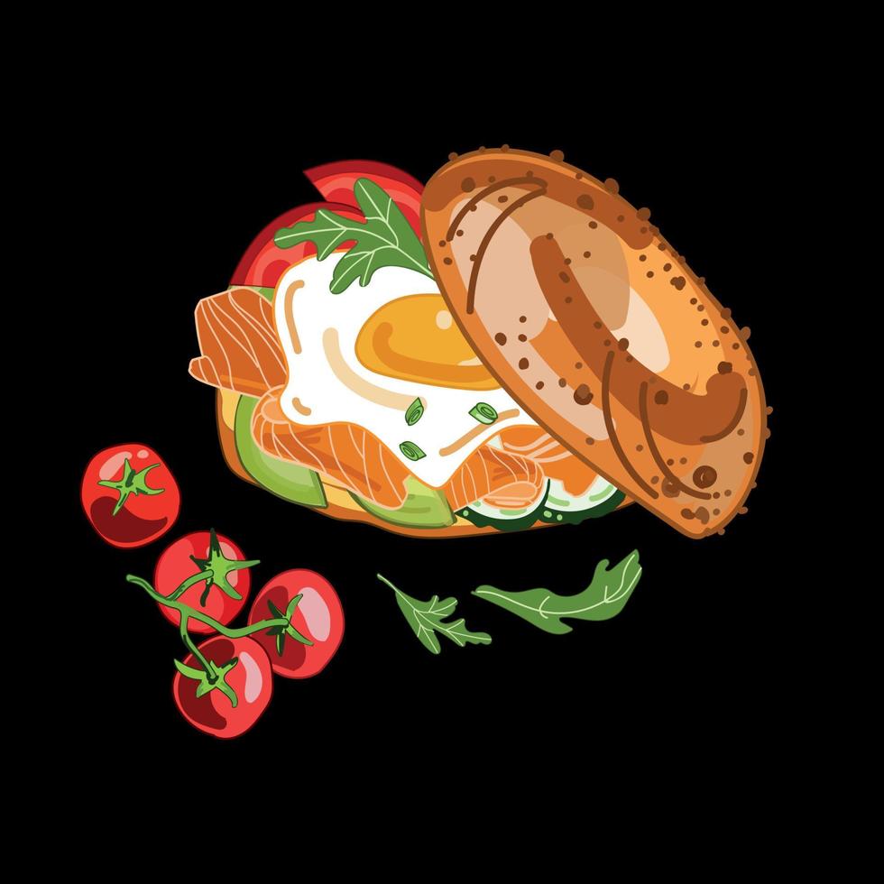 Sándwich de bagel con salmón y huevo frito y verduras, un montón de tomates a continuación, ilustración vectorial realista de dibujos animados sobre un fondo negro. Hamburguesa con salmón. Comida saludable. Comida rápida y saludable vector