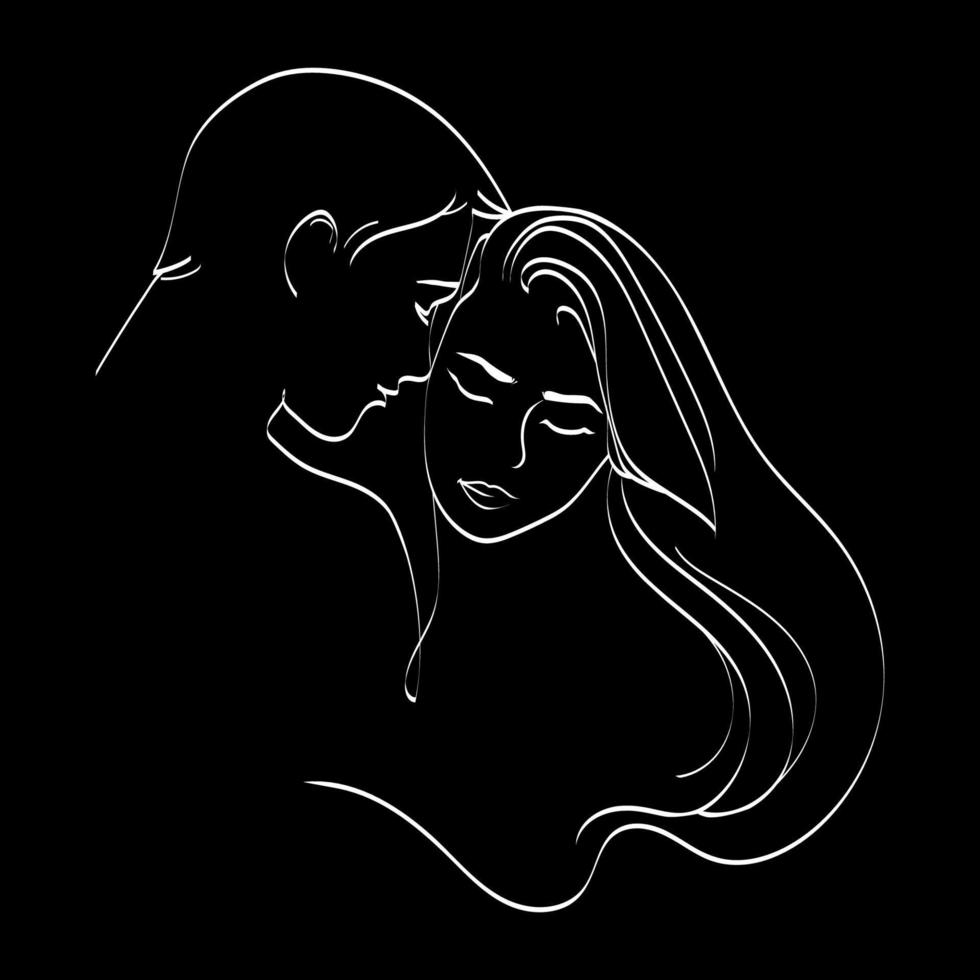 amor pareja línea arte vector ilustración. hombre abstracto mujer besándose, mínima ilustración de vector de estilo de arte moderno sobre fondo negro