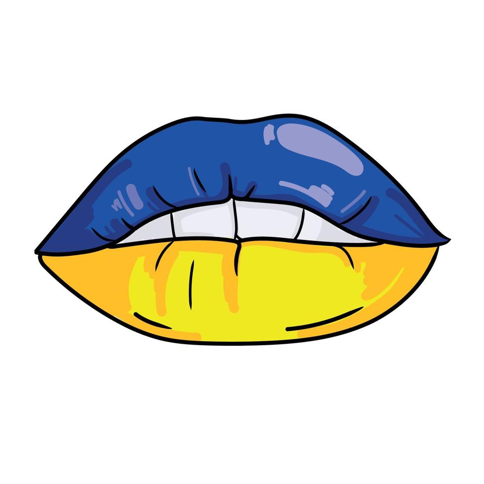 Female lips vector cartoon illustration.Lips drawn of the Ukrainian flag colors are blue-yellow,image isolated on white background.Idea for printing on clothes,emblem,logo.Patriotic Ukrainian concept