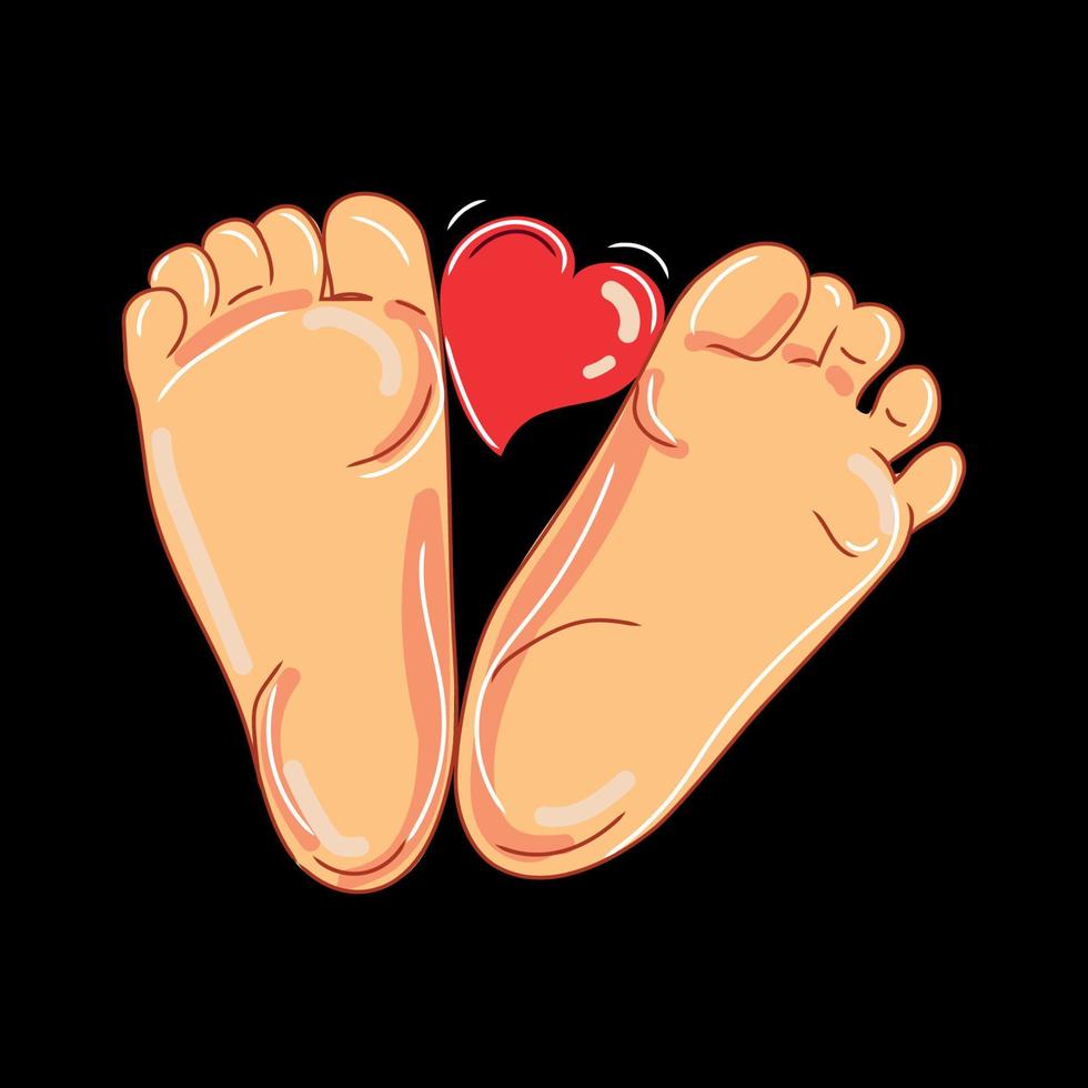 Vector cartoon baby foot with heart on black background.New born sign icon.Baby care concept.Greeting card.Family care.