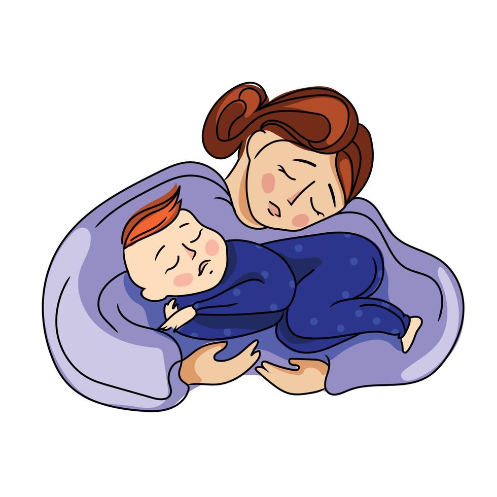 ilustración de dibujos animados de vector de madre y bebé.mamá feliz abrazando a su bebé durmiente imagen aislada sobre fondo blanco.cuidado de niños,maternidad feliz.concepto de día de la madre