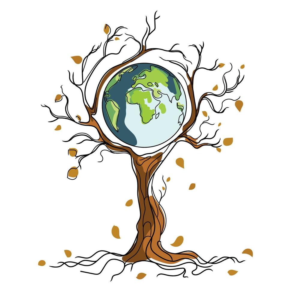 concepto de cambio climático. calentamiento global. planeta tierra entrelazado con ramas secas de un árbol muerto. ilustración gráfica vectorial sobre fondo blanco vector