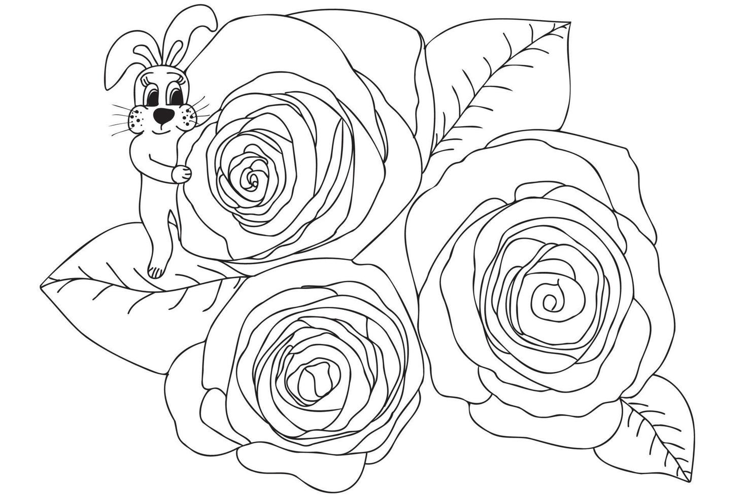 Bunny with roses outline vector, line art illustration with black thin contour isolated on white background. Bunny standing on bouquet of roses. vector