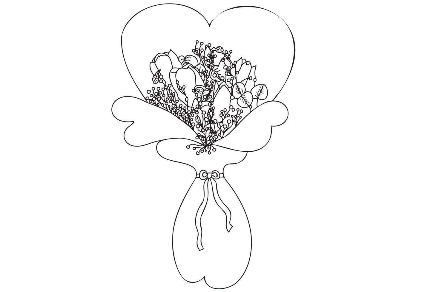 flores de arte de línea en blanco y negro en ramo. ramo con forma de corazón. contorno de forma de corazón, ilustración de vector de ramo de contorno.