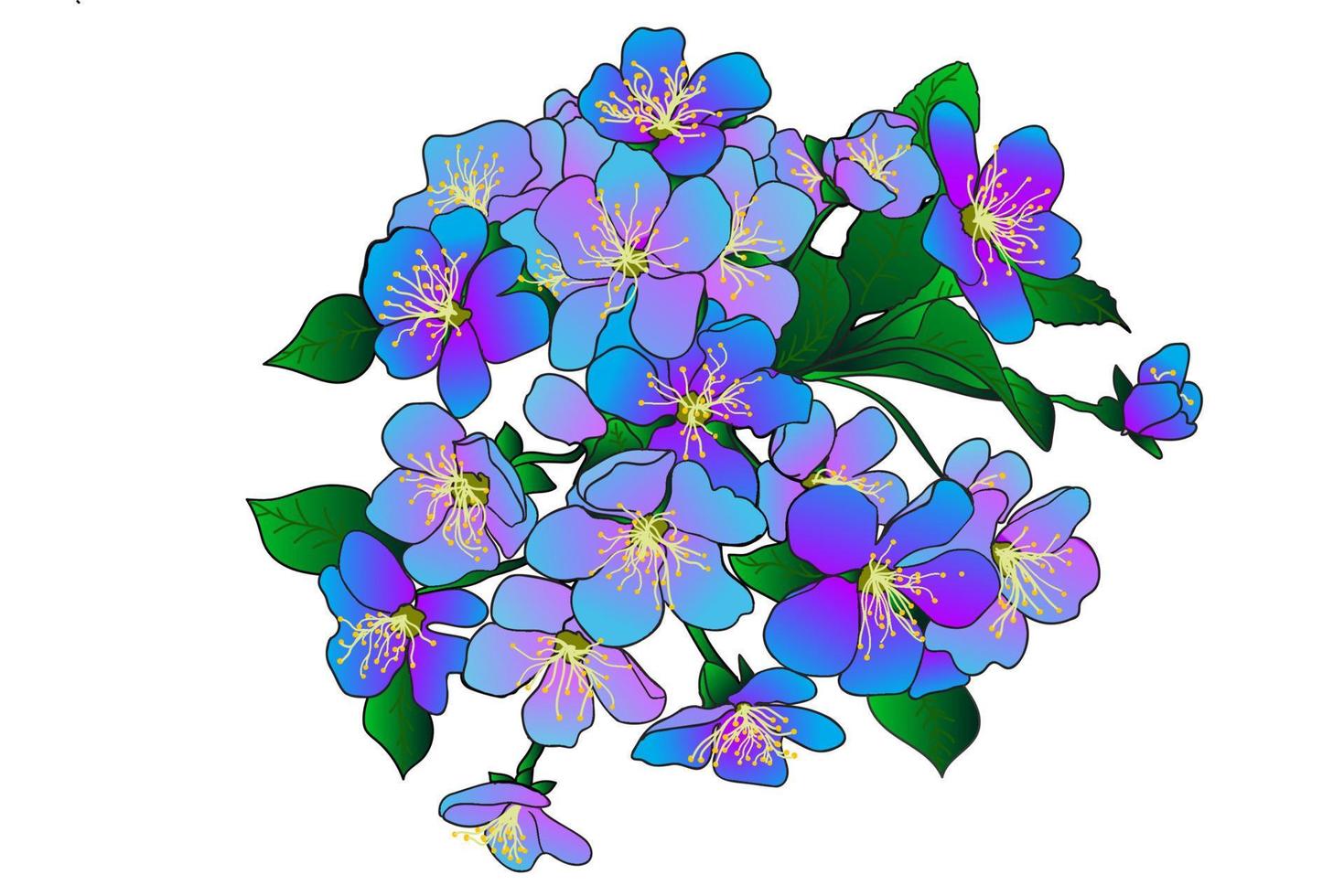 Flowering tree branch with green leaves, purple and pink, you can use to print on postcards, clothes and carnations vector
