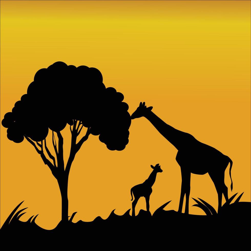 Child and mother giraffe silhouette vector