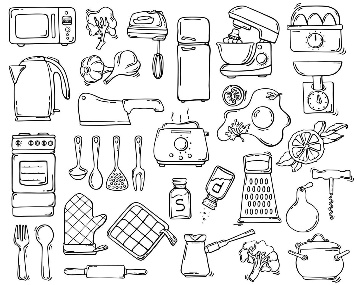 Vector black and white illustration in hand-drawn style kitchen items, appliances and products