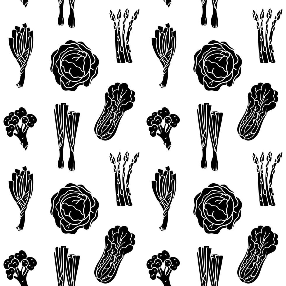 Vector black and white seamless pattern silhouettes of greens for salad onion, leek, broccoli, asparagus, cabbage, lettuce