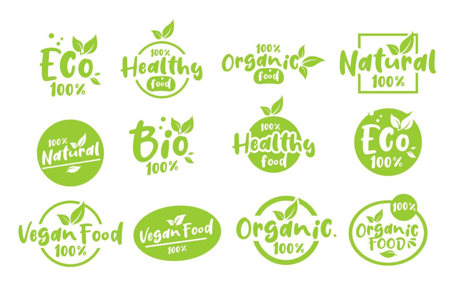 icono de conjunto de etiquetas biológicas naturales orgánicas, insignias de alimentos saludables, comida vegetariana ecológica fresca vector