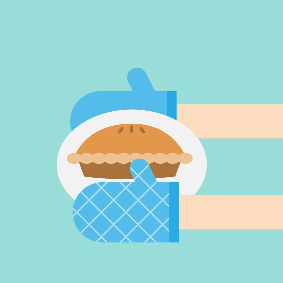 Homemade pie. Hand holding plate of pie with baking glove.Thanksgiving food vector