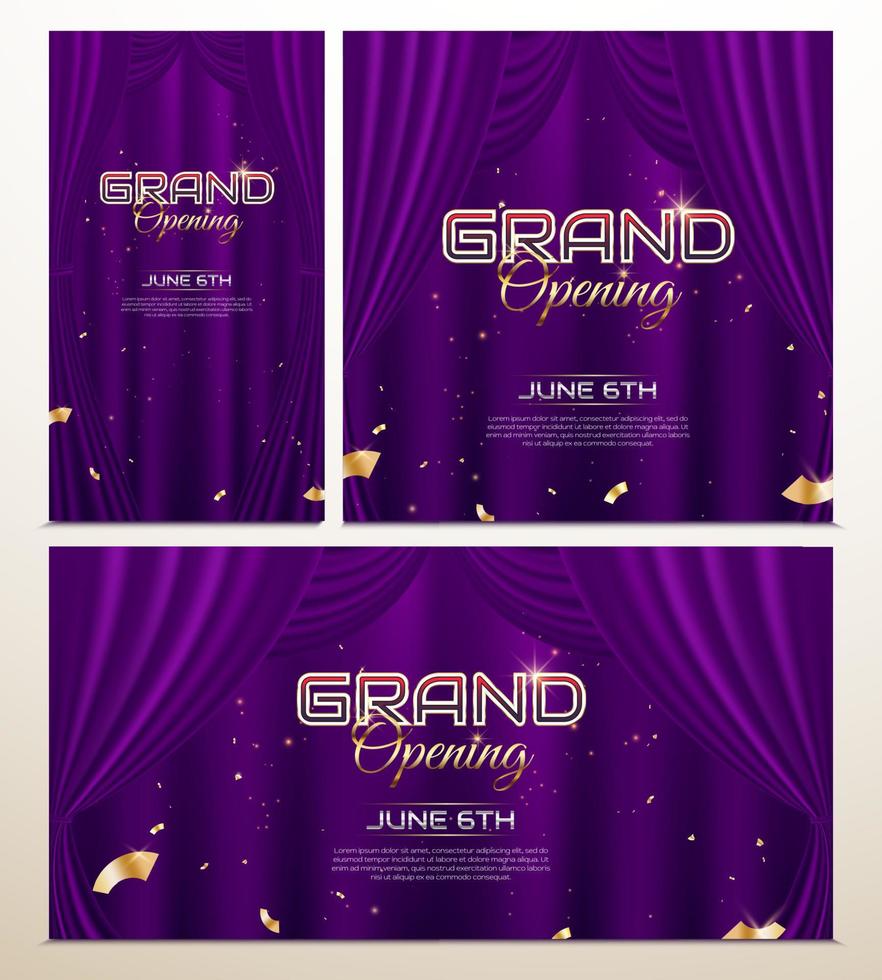 Elegant Luxury grand opening banners collection with realistic purple curtain stage vector