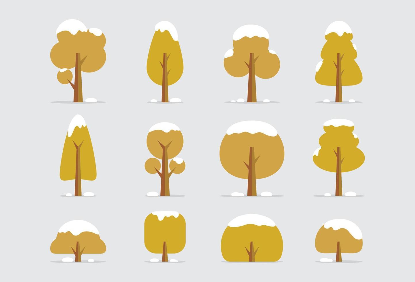 Flat cartoon trees bushes in winter set vector