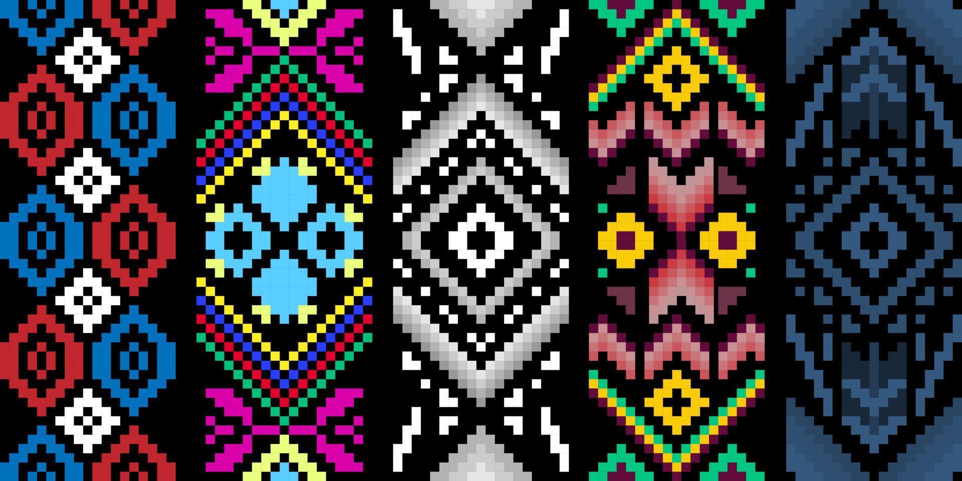 Seamless set ethnic shape pattern, Vector pixel square design for fashion clothes, textile, embroidery, decoration background.