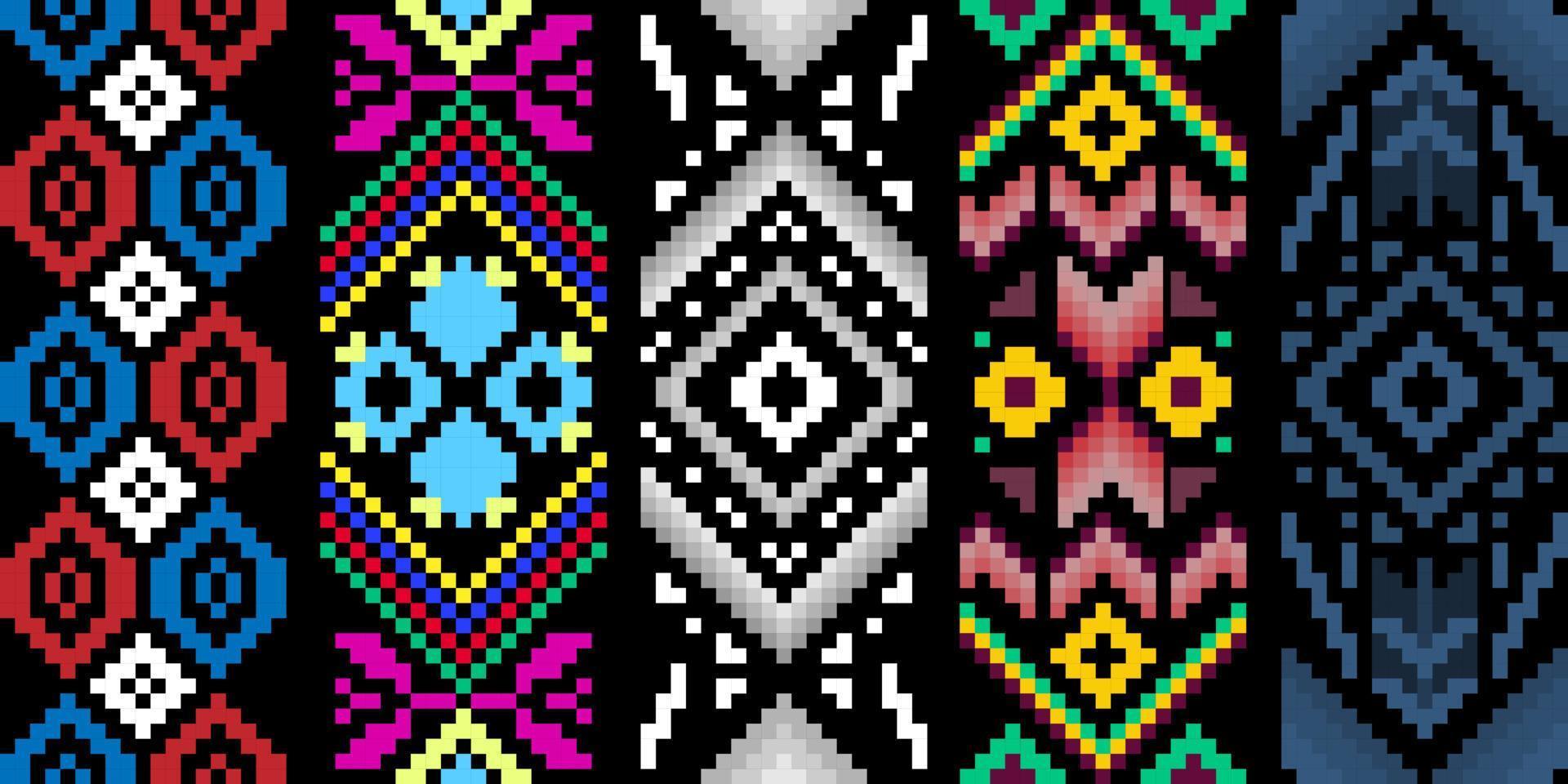 Seamless set ethnic shape pattern, Vector pixel square design for fashion clothes, textile, embroidery, decoration background.