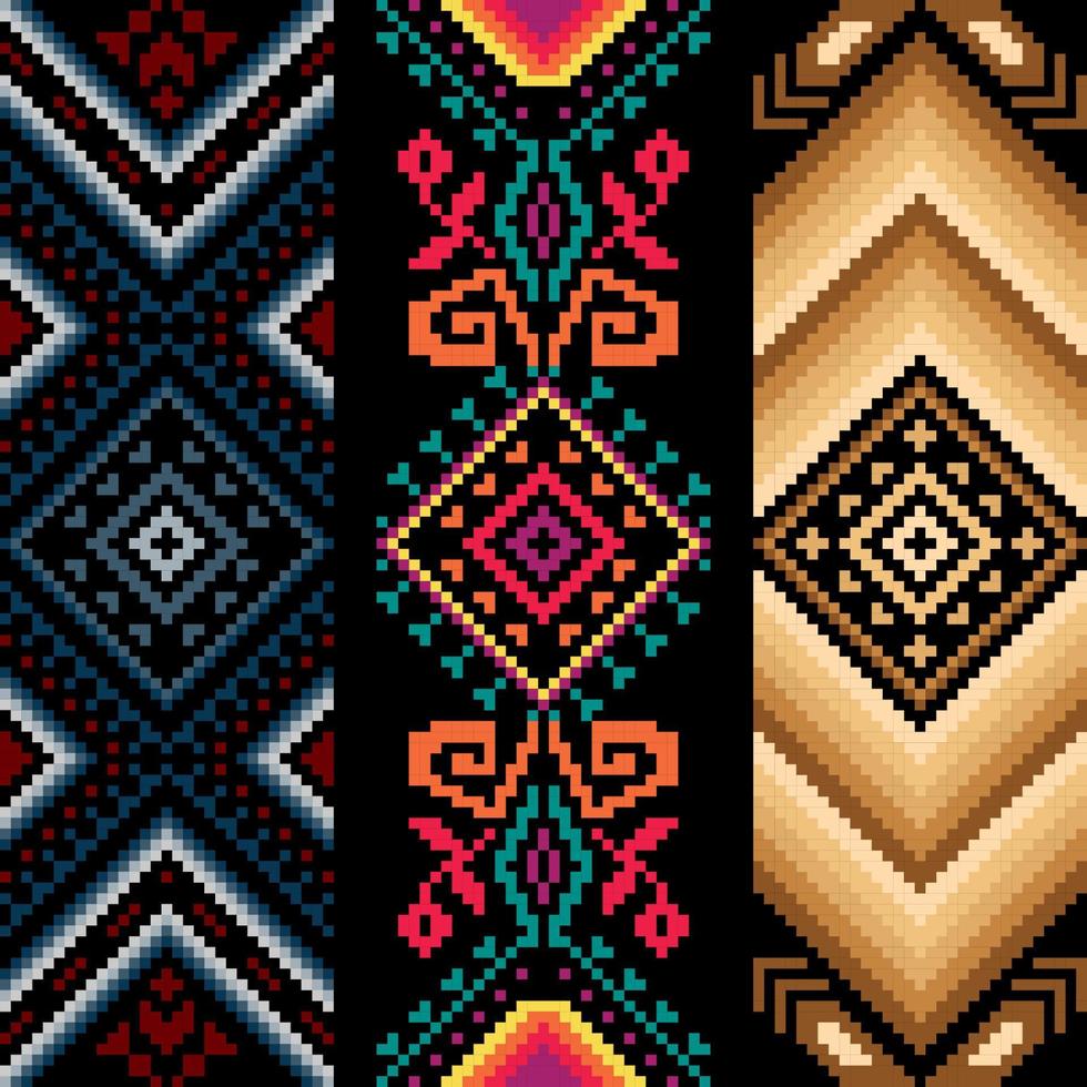 Seamless set ethnic shape pattern, Vector pixel square design for fashion clothes, textile, embroidery, decoration background.