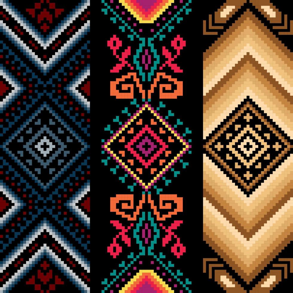 Seamless set ethnic shape pattern, Vector pixel square design for fashion clothes, textile, embroidery, decoration background.