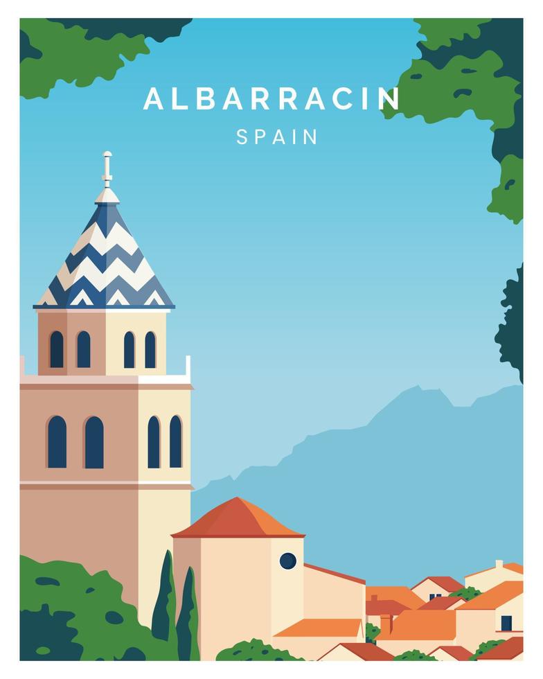Ilustración de paisaje de fondo de albarracín. viajar a españa. adecuado para póster, tarjeta, impresión de arte vector
