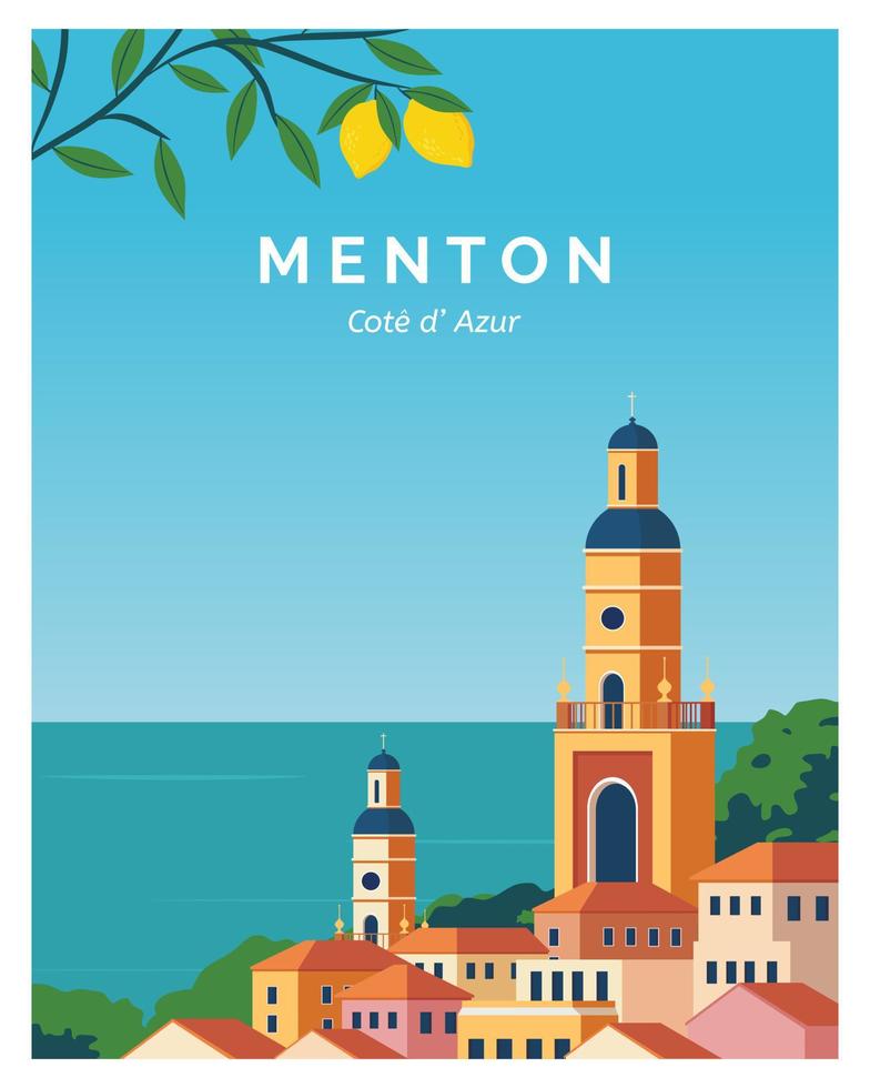 ilustración de paisaje de fondo de menton con estilo coloreado. viajar a menton francia. vector