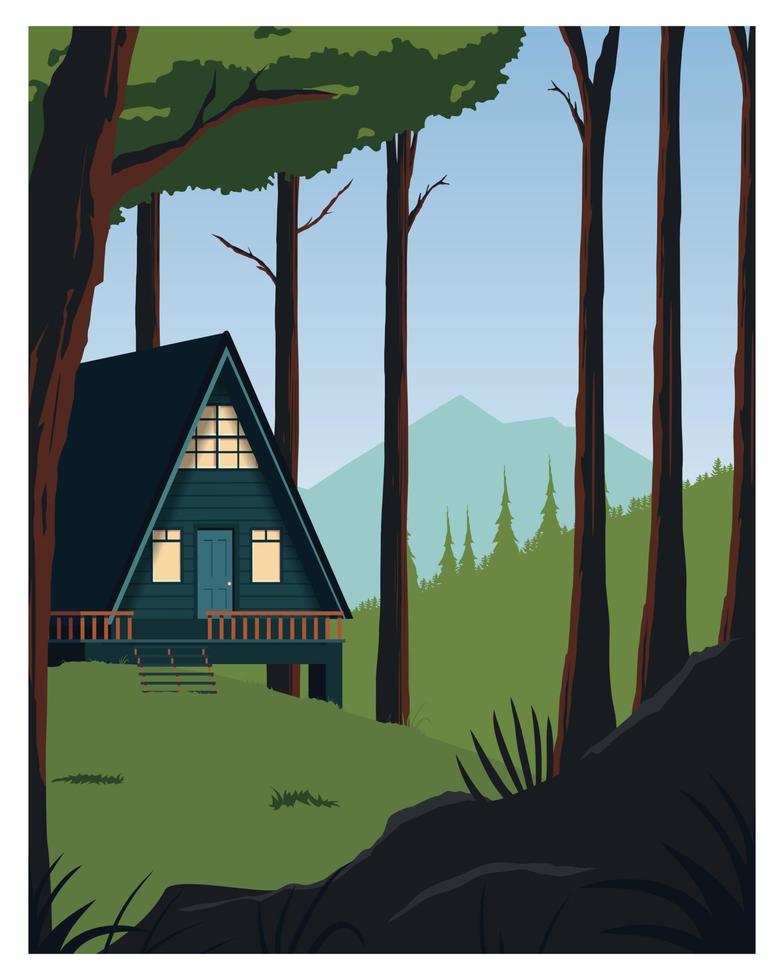 cabaña en la ilustración de vector de fondo de bosque con estilo coloreado.