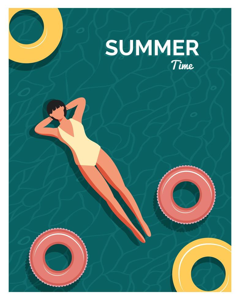 Young people relaxing In swimming pool in the summertime. Vector illustration.